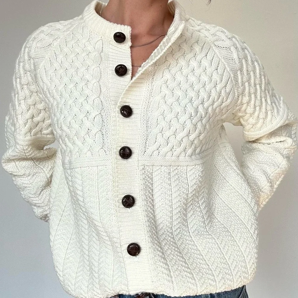 Classic cream cable knit button up cardigan sweater - Picture 2 of 6